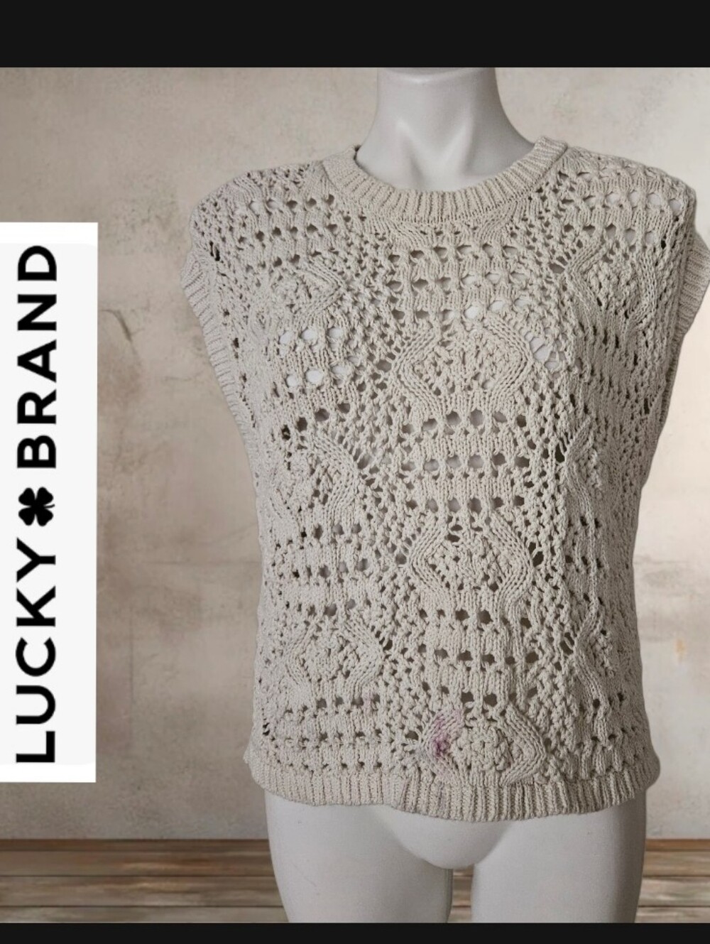 Lucky Brand Neutral Crochet Knit Sleeveless Sweater Shell M